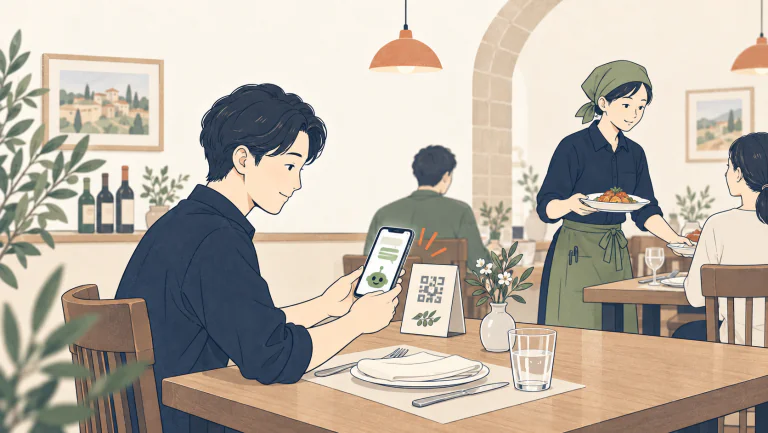 店内のQRからスマートフォンで案内を開くイラスト
