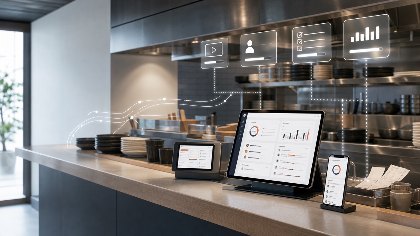 飲食店の現場でタブレットとスマホを使って研修ダッシュボードを確認するイメージ