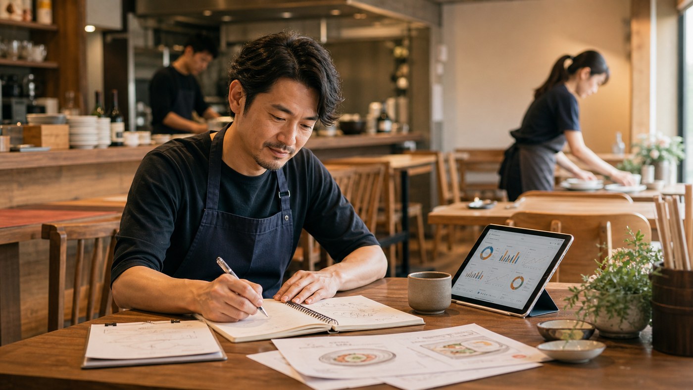 飲食店の店長が新メニュー企画とノートに向き合い、店舗の未来づくりに時間を使っている様子（テンチョーラク・AI生成イメージ）