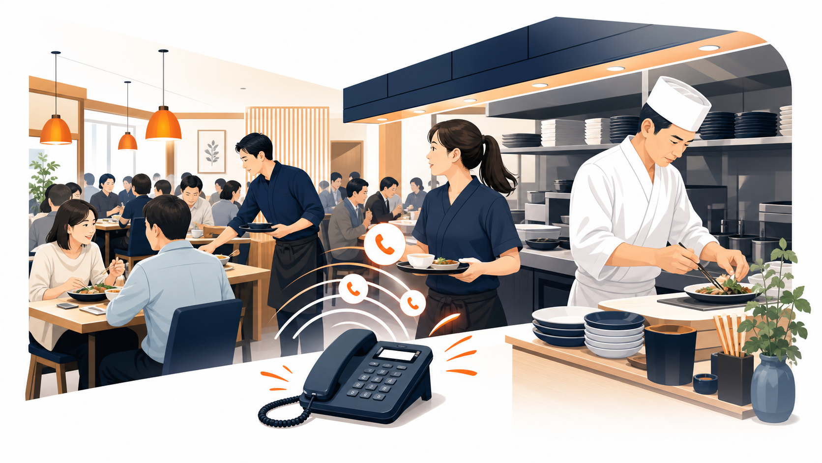 ピーク時間帯で満席の飲食店。スタッフが接客・調理に追われる中、店頭の固定電話が鳴り続けている様子の図解