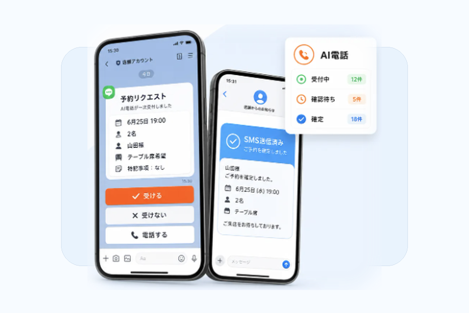 予約リクエストがLINEに通知され、受けるボタンをタップして確定する画面イメージ