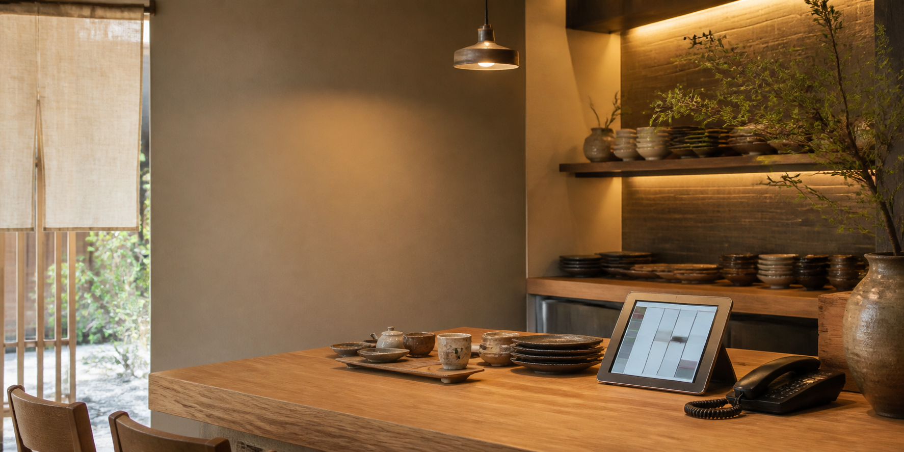 木のカウンターに電話とタブレットが置かれた、飲食店の業務支援イメージ