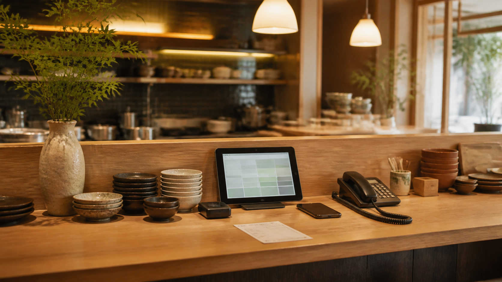 飲食店のカウンターで電話とタブレットが業務を支えるイメージ
